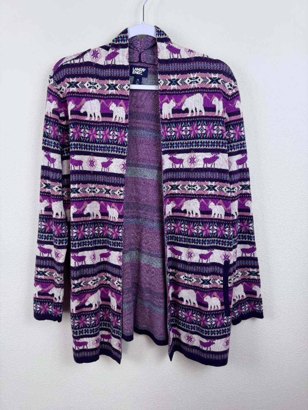 LANDS' END Purple White Open Front Cotton Cardigan Lodge-Tribal / Women's Medium